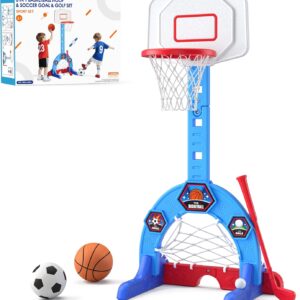 HYES Toddler Basketball Hoop, 3-in-1 Sports Activity Center with Soccer Goal, Golf Game, 5 Height Adjustable Kids Basketball Hoop, Indoor Outdoor Playset Toys Gifts for Boys Girls 3-5, Blue