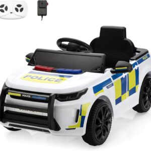 TOBBI Kids Electric Ride On Police Car, Toddlers Battery-Powered Cop Toy to Drive, 27W 4-Wheels Vehicle with Parental Remote Control/Soft Start/3 Speeds/Horn & LED for Children Ages 1-6 Years-White