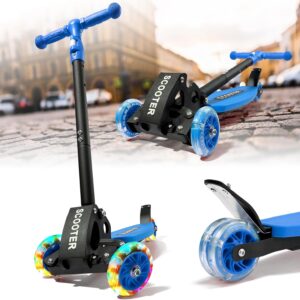 Kick Scooters for Kids 5-7 8-12,Lean to Steer,Three Wheeled Light Up,28″-32″ Adjustable Handlebar,Widen Anti-Slip Deck,Floor Push Scooter for Boys Girls Ages 6-12 3-4 Old,Foldable for Travel
