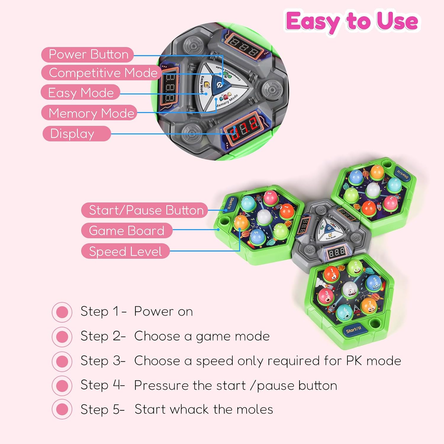 TooLion 3-Player Whack Game Mole for Kids 3-12 Boys Girls - 3 Independent Game Boards,3 Modes with Sound & Light,Safe Educational Pounding Toy,Christmas Birthday Gift for Multi-Kid Families,Green - Image 6