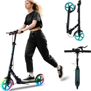 Kick Scooter for Kids Ages 8+ Teens & Adults, with Front handbrake and Rear Brake, and Adjustable Handlebars, Big Sturdy PU Flash Wheels Great Gift & Toy