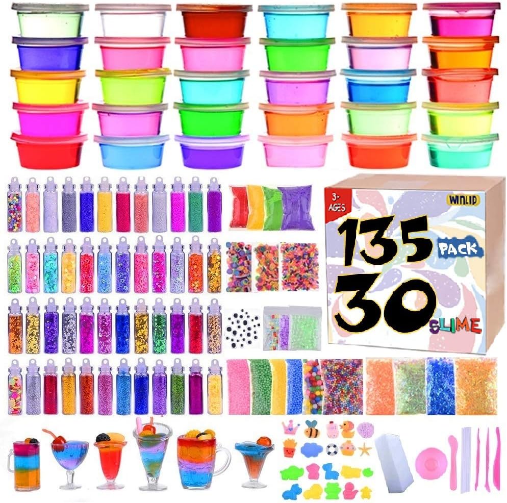 Slime Supplies Kit, 135 Pack Slime Making Kit 30 Crystal Slime, Glitter Jars, Charms, Sugar Paper, Foam Beads, Fishbowl Beads, Toy Cups, Slices, Air Dry Clay and Tools for Kids Girls by WINLIP - Image 5