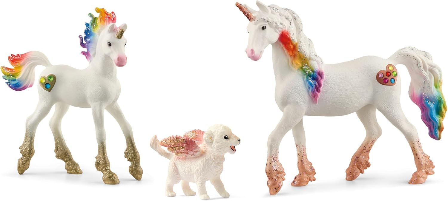 Schleich Bayala - 3 PC Rainbow Unicorn & Flying Lion Magical Playset - Fantasy Animal Toys for Imaginative Play - Cute Unicorn Figurines for Girls and Boys - Kids 5+ | 72291