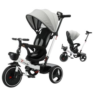 UBRAVOO Baby Tricycle,6-in-1 Baby Push Bike Steer Stroller,Learning Toddler Bike/Detachable Guardrail,Adjustable Canopy,Safety Harness,Folding Pedal,Storage Basket,Brake,Shock Absorption