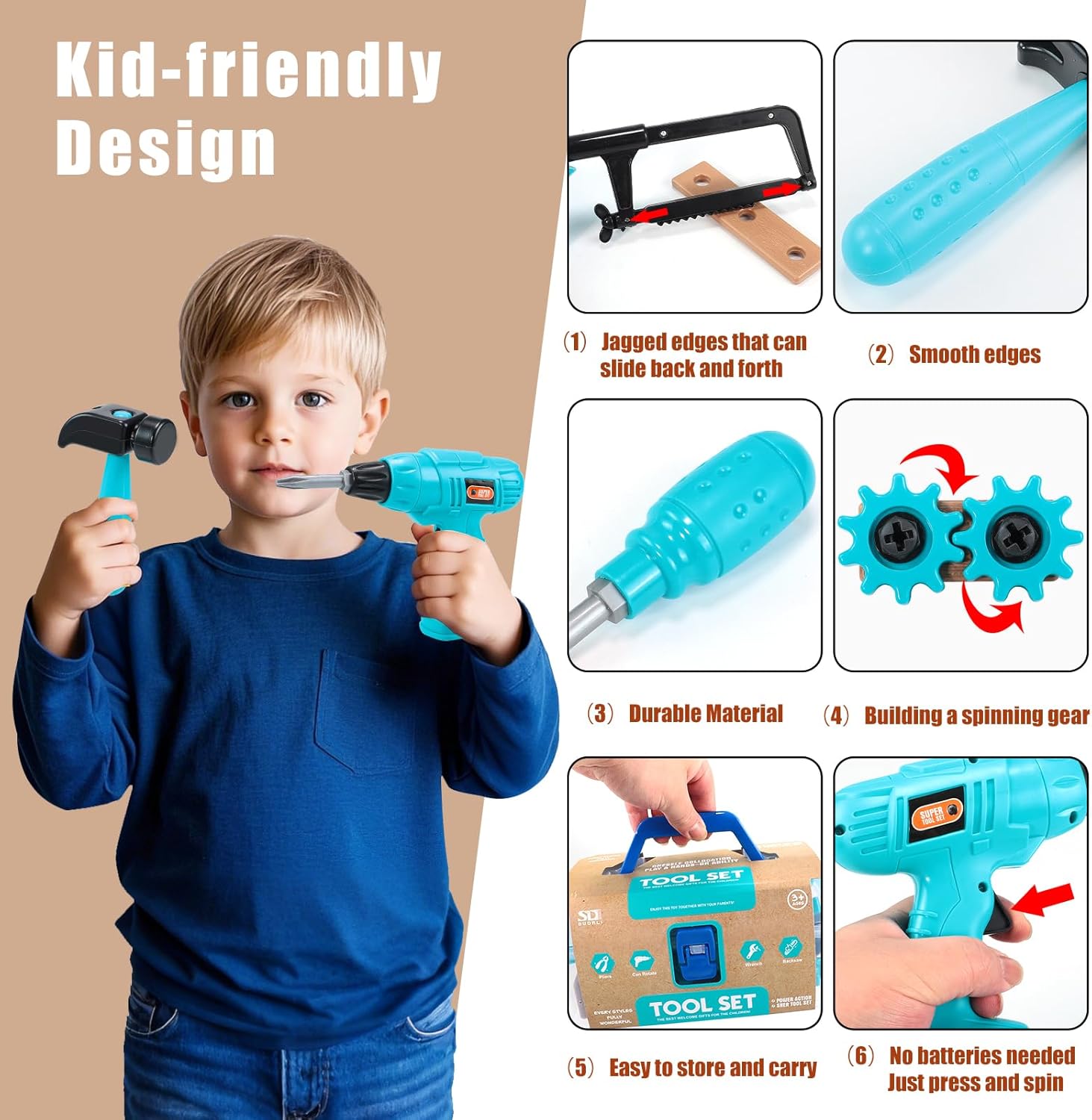 Kids Tool Set – Pretend Play Toddler Tool Set with Tool Box, Toy Drill, Hammer, Screwdriver,Screw Construction Kits, Educational Tools for Kids Ages 3,4,5,6,7 Years Old, Boy Girl Toy - Image 4