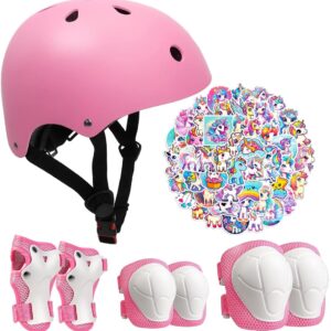 Kids Bike Helmet Set,CPSC Certified with Knee Elbow Wrist Pads Guards,Toddler Adjustable Black Helmet for Ages 2-3-5-8 Girls Child,Sports Protective Gear Set for Bicycle Skate Scooter