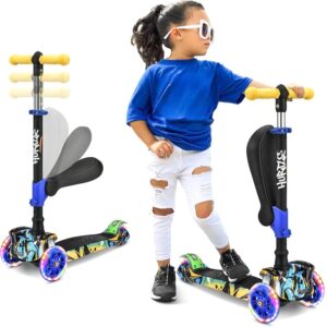 Hurtle 3-Wheeled Scooter for Kids – Wheel LED Lights, Adjustable Lean-to-Steer Handlebar, and Foldable Seat – Sit or Stand Ride with Brake for Boys and Girls Ages 1-14 Years Old