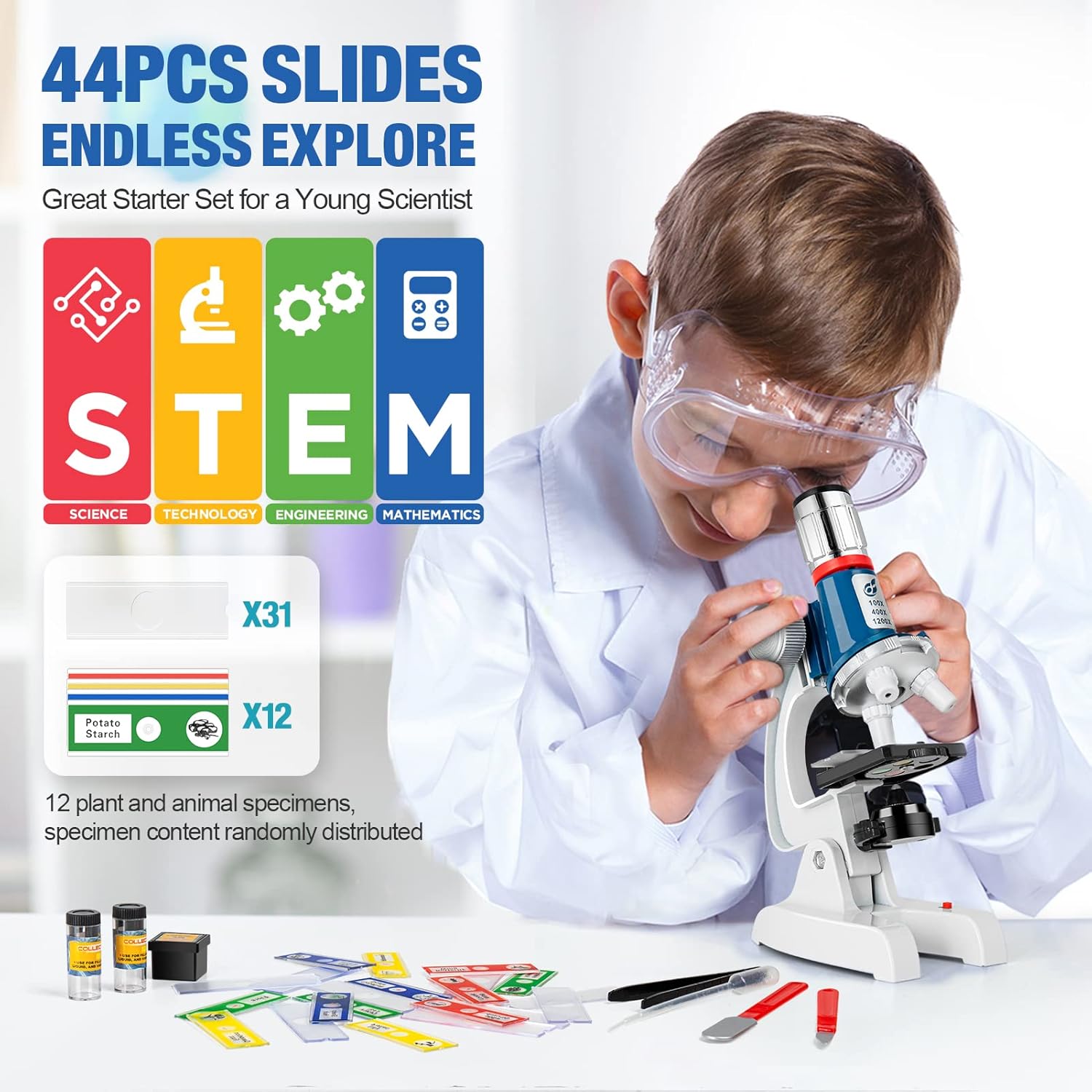 58-Piece Kids Microscope Kit - 100X-1200X Magnification, Metal Body, LED Light, Carrying Box - Science Experiment Toy for Kids Ages 5-12 - Image 2