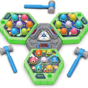 TooLion 3-Player Whack Game Mole for Kids 3-12 Boys Girls – 3 Independent Game Boards,3 Modes with Sound & Light,Safe Educational Pounding Toy,Christmas Birthday Gift for Multi-Kid Families,Green