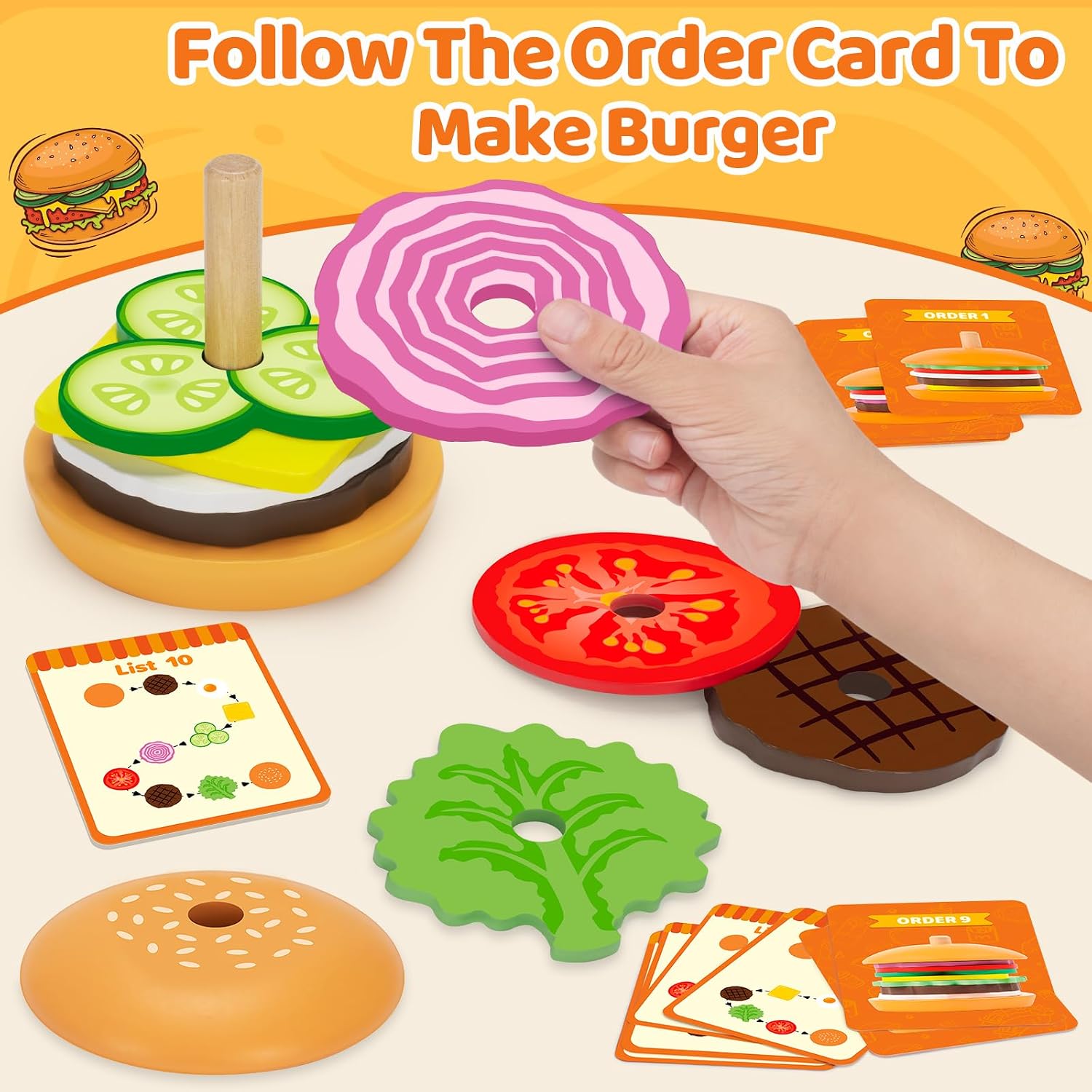 Jumlys Montessori Wooden Burger Stacking Toys for 2, 3, 4, 5 Year Olds, Fine Motor Toys for Kids Boys Girls, Ideal Preschool Educational and Learning Toys, Perfect Christmas Birthday Gifts - Image 3