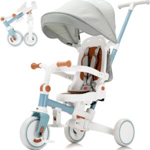 7-in-1 Toddler Tricycle with Parent Push Handle & Canopy, Fully Foldable & Adjustable Stroller, Balance and Pedal Bike for Kids 18 Months to 5 Years,Blue