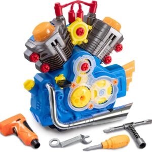 POFJOEQ Engine Building Kit, Kids Mechanic Repair Set for Kids Motorcycle Engine，Take Apart Toys-42pc Playset，STEM Engine Model Kit Toy with Cool Lights&Sounds，Educational Toys for 3+ Year Old (Blue)