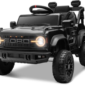 ENYOPRO 12V Licensed Ford Bronco Raptor Ride on Car for Kids, Battery Powered Electric Car for Toddlers w/Remote Control, Spring Suspension, Seat Belt, Bluetooth, Horn, LED Lights, Radio (Black)