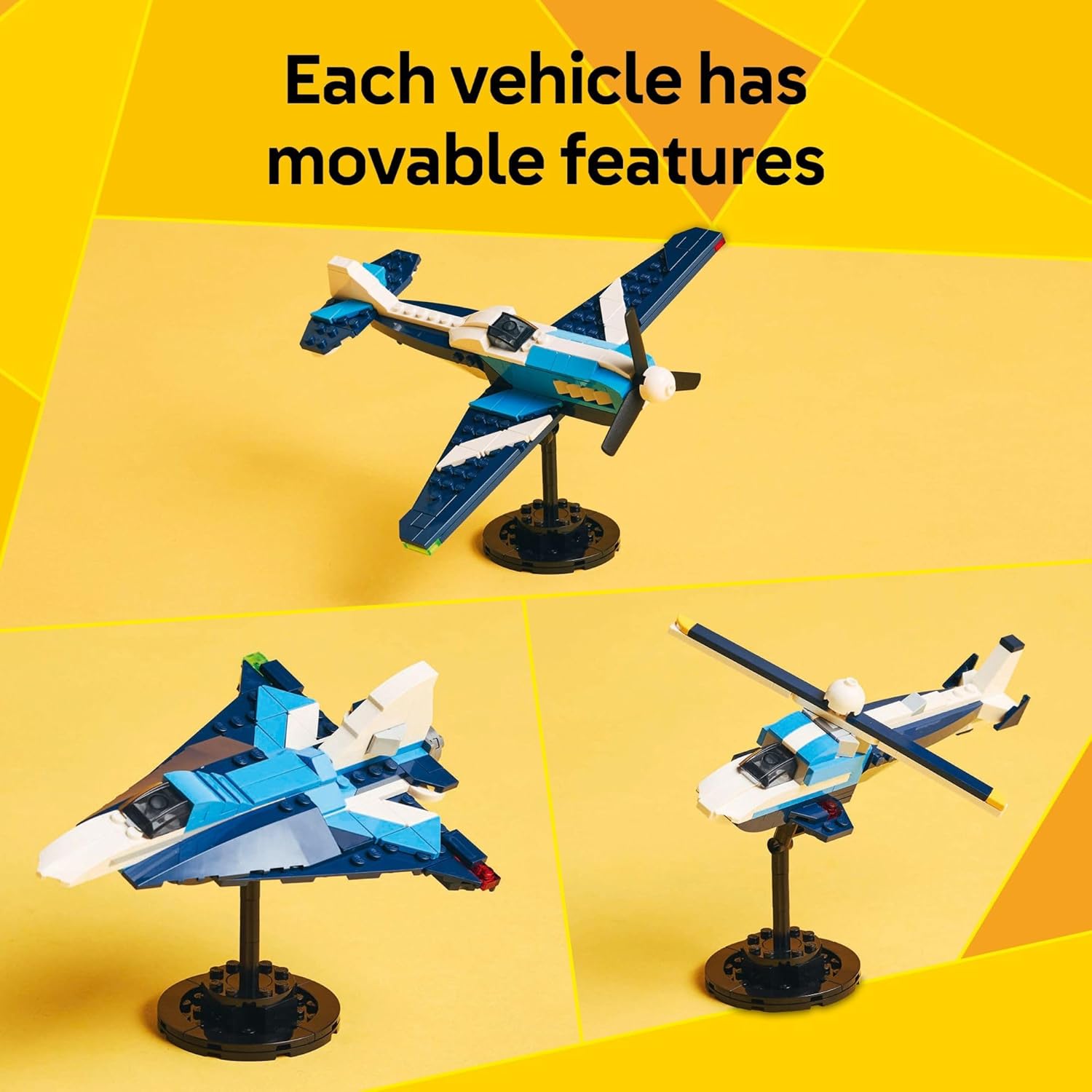 LEGO Creator 3 in 1 Aircraft Race Plane Toy - Building Toy with 3 Building Options, Airplane, Fighter Jet, or Helicopter - Gift Idea for Kids, Boys and Girls, Ages 7+ - 31160 - Image 4