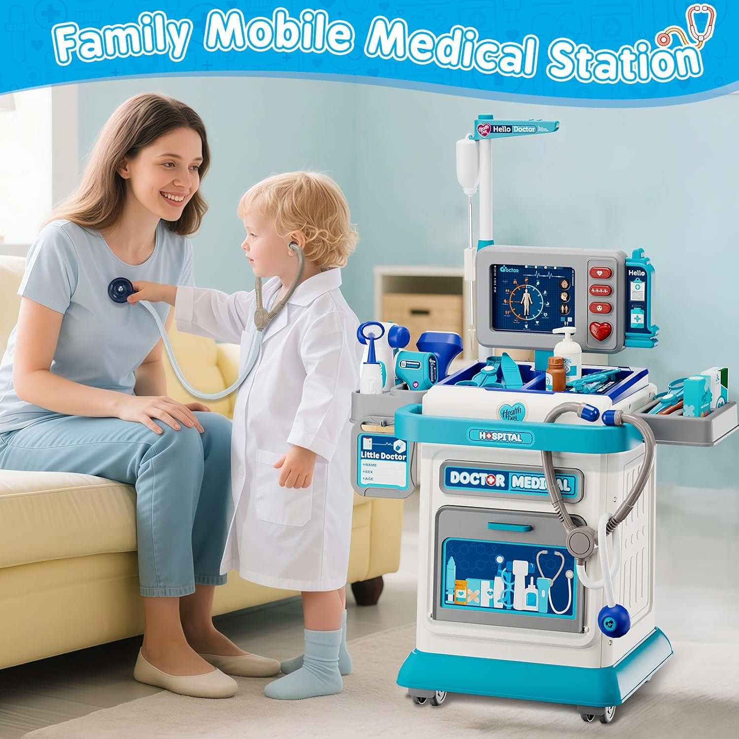 Doctor Kit for Toddlers 3-5, Pretend Doctors Play Set with Cart, Costume and Stethoscope for Kids Aged 3 4 5, Role Play Medical Toys for Girls Boys, Christmas Birthday Educational Gift for Toddler - Image 6