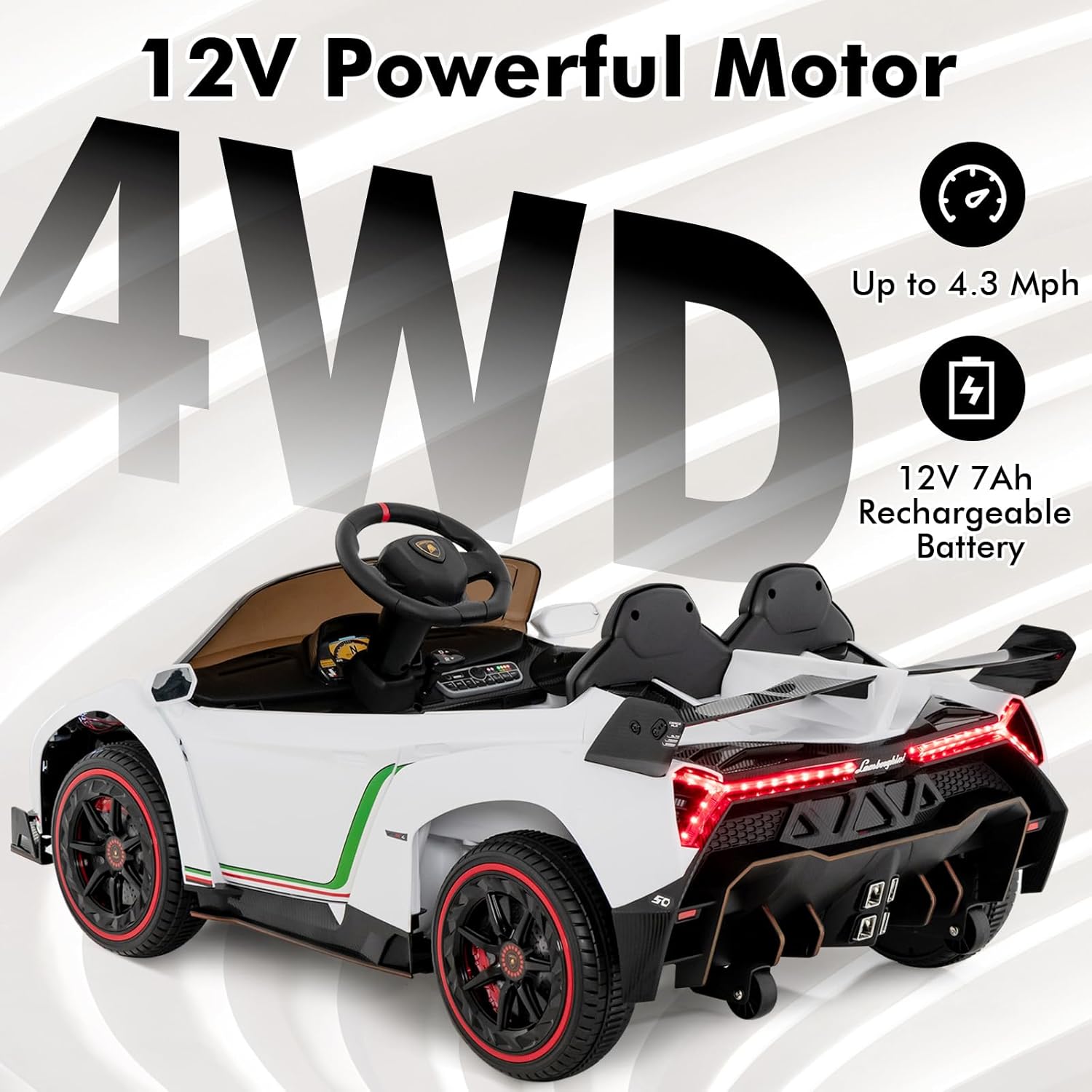 INFANS 2 Seater Kids Ride on Car, 12V 4WD Licensed Lamborghini Veneno Powered Electric Vehicle with Hydraulic Doors, Rocking Mode, Adjustable Speeds, Remote Control, MP3, Headlight (White) - Image 2