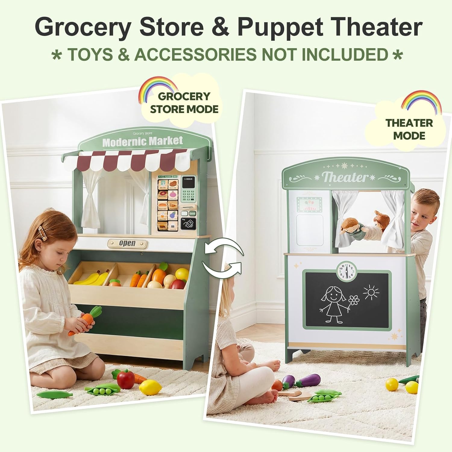 Kids Grocery Store Pretend Play, Puppet Theater&Grocery Store Playset Toy Double-Sided, Toddler Supermarket Toy Cash Register w/Blackboard, Display Shelves, Gift for Boys Girls, Green - Image 4