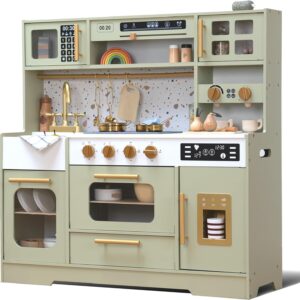 Kids Wooden Play Kitchen Set – Realistic Pretend Play Kitchen with Stove, Sink, Coffee Maker, Ice Maker & 15 Fun Accessories | Montessori-Inspired Toy Kitchen for Toddlers Ages 3+