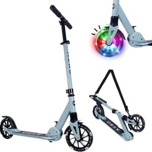 AERO MOBILITY Kick Scooter for Kids 6+, Teens & Adults | Light Up Wheels, Hand Brake, Rubber Deck Mat & Shock Absorption | Foldable & Height Adjustable