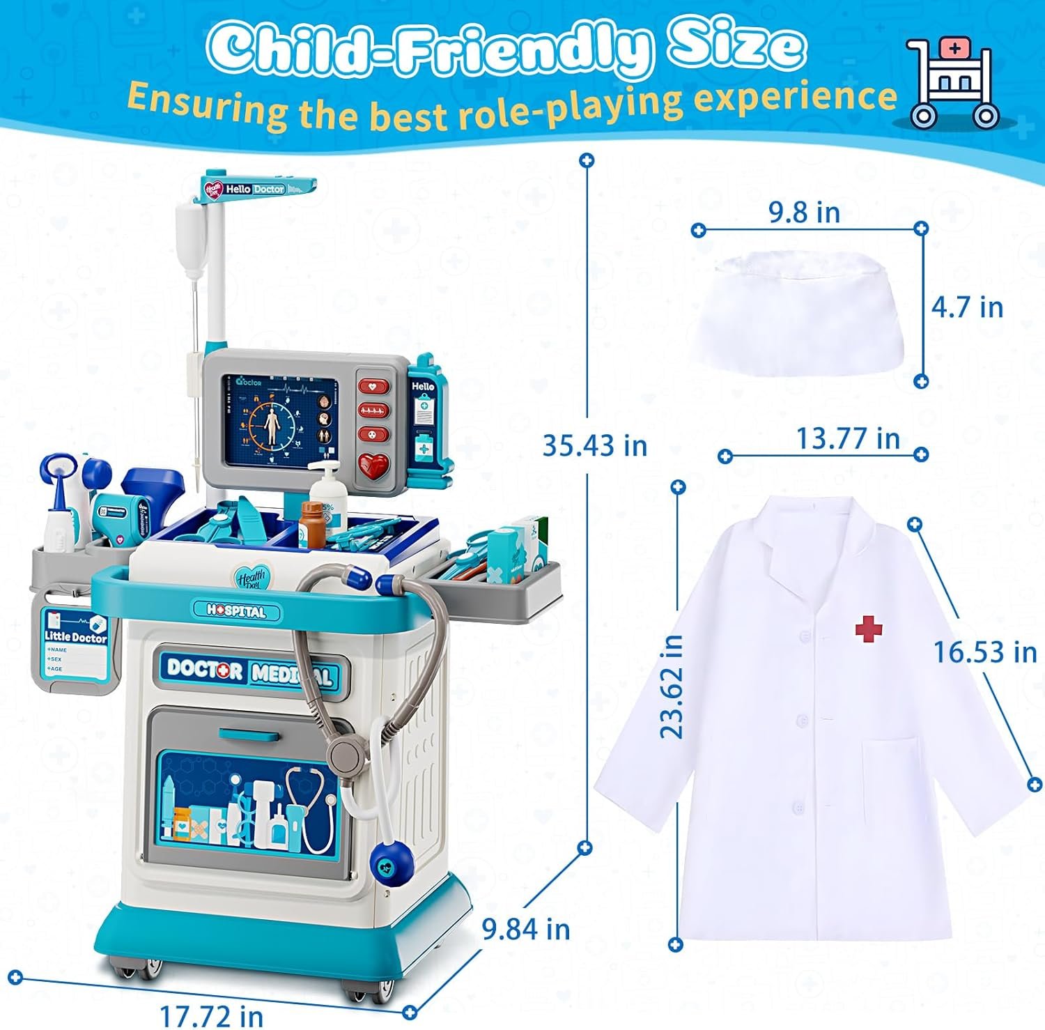 Doctor Kit for Toddlers 3-5, Pretend Doctors Play Set with Cart, Costume and Stethoscope for Kids Aged 3 4 5, Role Play Medical Toys for Girls Boys, Christmas Birthday Educational Gift for Toddler - Image 4