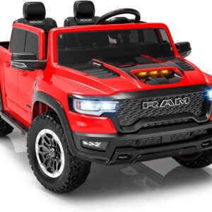 First Ride On 24V Ride On Toys for Big Kids, RAM 1500 2 Seater Ride on Car w/Remote, Battery Powered Truck w/ 4 Wheels Suspension, Toddler Car w/Bluetooth, LED Lights, Trunk