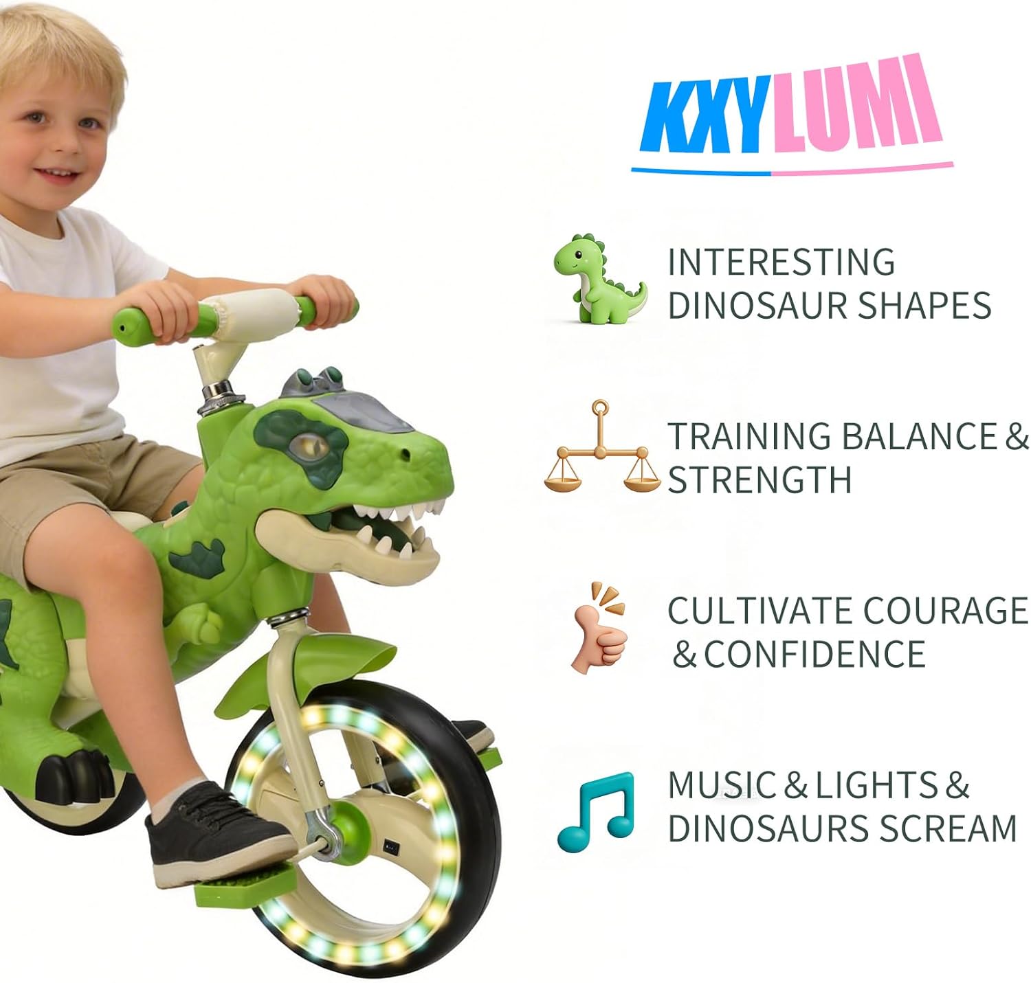 Dinosaur Kids Tricycle, Toddler Bike with Music, Lights, Storage Basket, Big Light-Up Wheels, Indoor Outdoor Trike, Best Gift for Boys Girls Ages 3-6, Preschool Kids Tricycle (Green+Lights) - Image 2