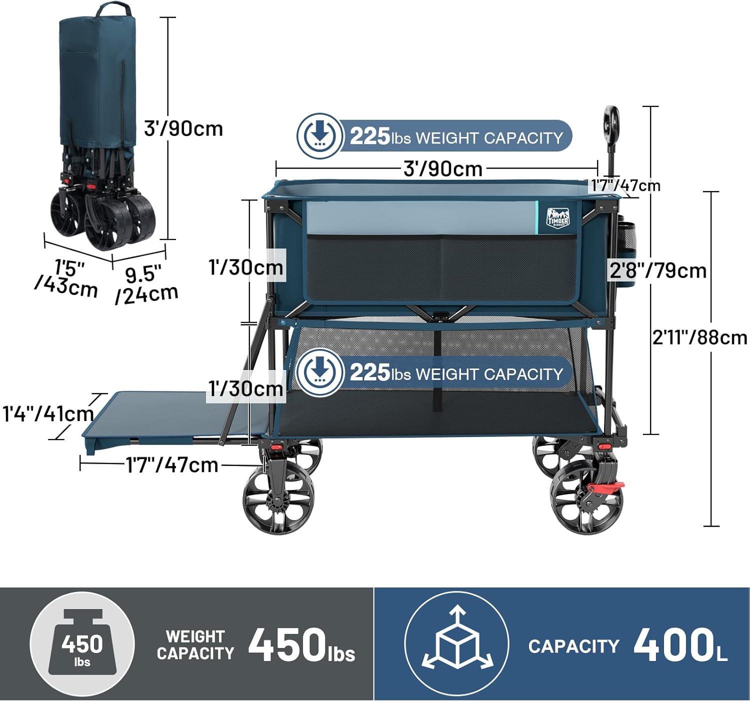 TIMBER RIDGE 400L Large Capacity Folding Double Decker Wagon with Brakes, 54" Extra Long Extender Wagon Cart, 450lbs Heavy Duty Collapsible Cart, All-Terrain Big Wheels for Camping, Sports, Shopping - Image 9