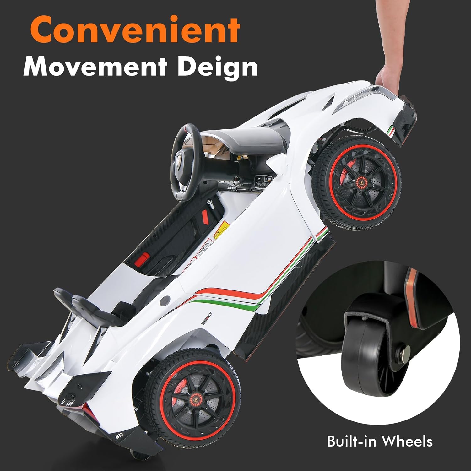 INFANS 2 Seater Kids Ride on Car, 12V 4WD Licensed Lamborghini Veneno Powered Electric Vehicle with Hydraulic Doors, Rocking Mode, Adjustable Speeds, Remote Control, MP3, Headlight (White) - Image 9
