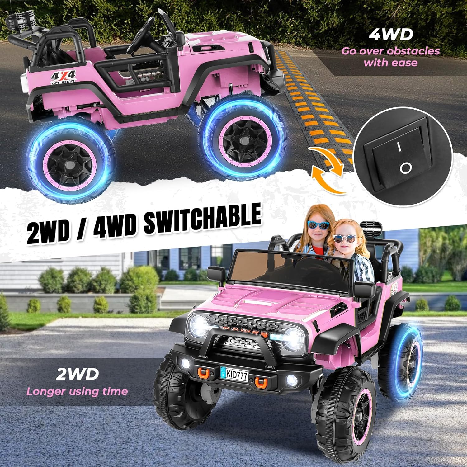 Hikole 24 Volt Ride On Car with Remote Control, 2WD/4WD Switchable 2 Seater XL Electric Car for Kids w/20 Inch Wide Seat, 4X100W Power Toys Wheels 24v Vehicles for Girls w/Music - Pink - Image 2