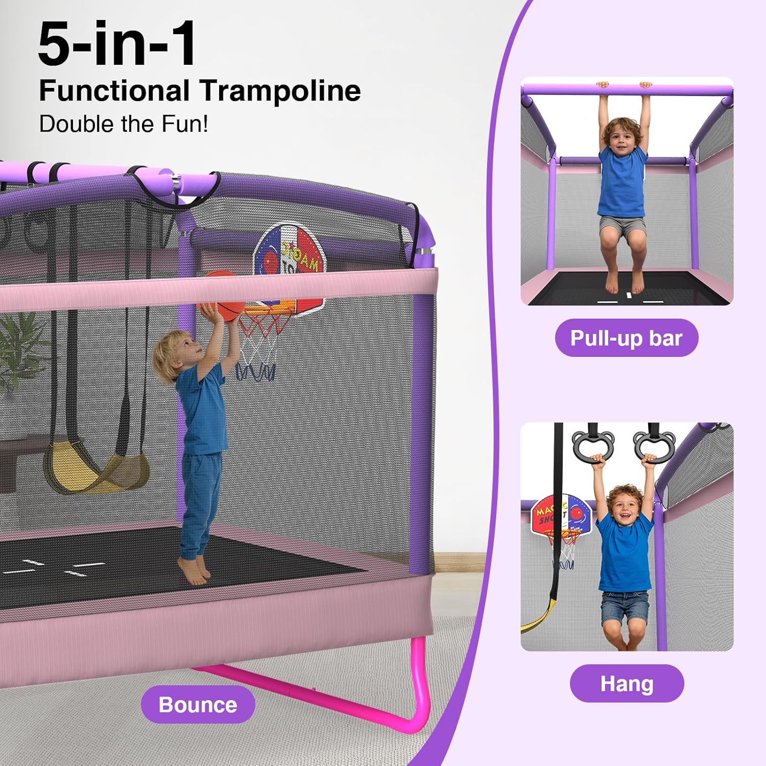 LANGXUN 6FT Rectangle Trampoline for Kids, 5-in-1 Toddler Trampoline, ASTM Approved Indoor Outdoor Mini Trampoline with Safety Enclosure Net Age 1-10 - Image 3