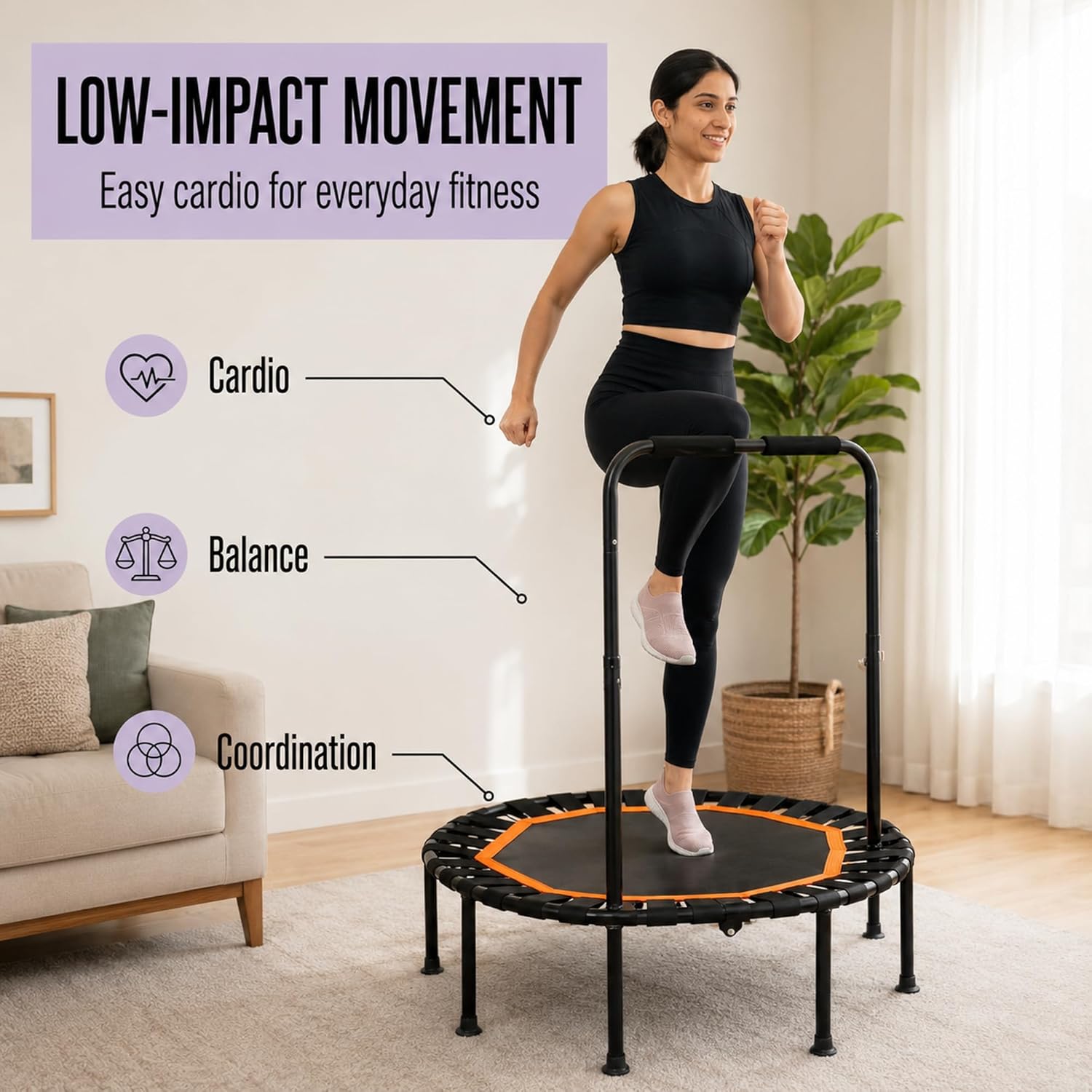 Lunai 42-Inch Octagonal Indoor Rebounder with Handle | Compact Fitness Trampoline for Adults & Kids | Safe, Sturdy Home Cardio Trainer for Exercise & Balance - Image 7