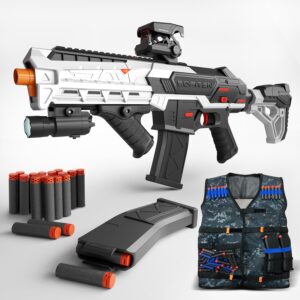 SOFITEN Toy Gun Automatic Sniper Rifle with Foldable Scope, Tactical Vest, Flashlight, Grip, Electric Toy Foam Blaster Soft Dart Bullets, Indoor Outdoor Play Team Gifts for Boys Birthday Xmas
