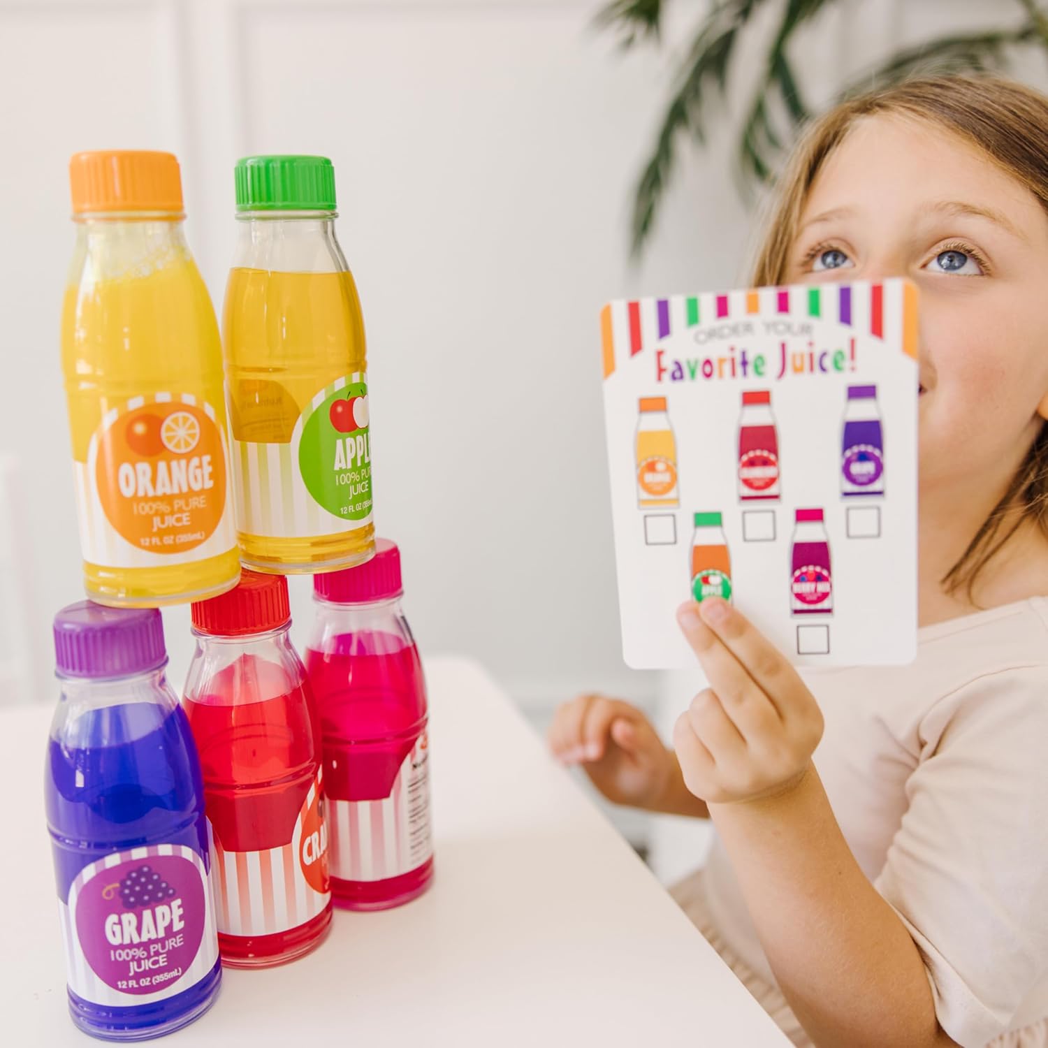 Melissa & Doug Tip & Sip Toy Juice Bottles and Activity Card (6 Pcs) Pretend Play Food Set, Play Kitchen Food For Ages 3+ - Image 2