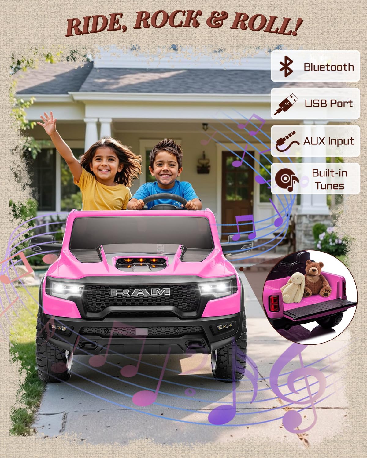 First Ride On 24V Ride On Toys for Big Kids, RAM 1500 2 Seater Ride on Car w/Remote, Battery Powered Truck w/ 4 Wheels Suspension, Toddler Car w/Bluetooth, LED Lights, Trunk - Image 5