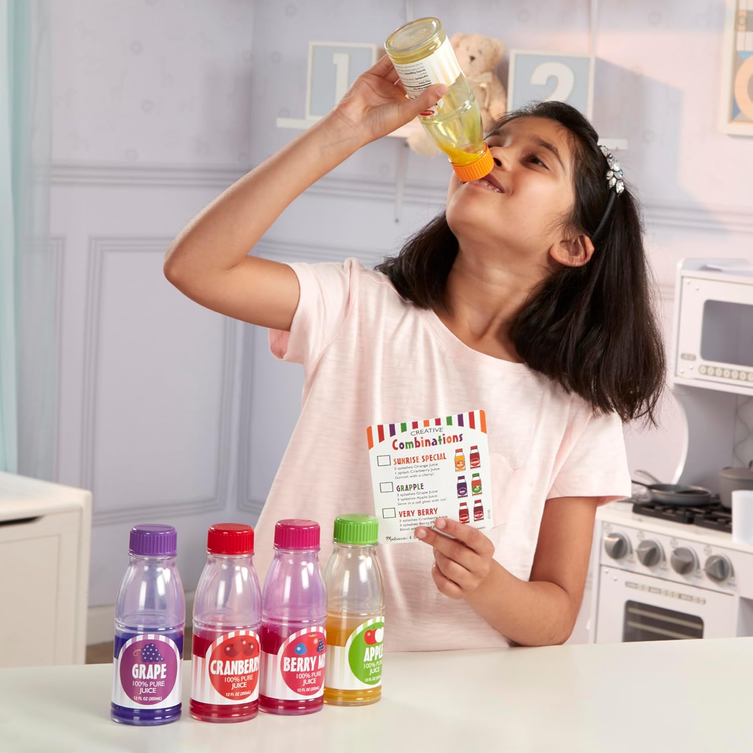 Melissa & Doug Tip & Sip Toy Juice Bottles and Activity Card (6 Pcs) Pretend Play Food Set, Play Kitchen Food For Ages 3+ - Image 5