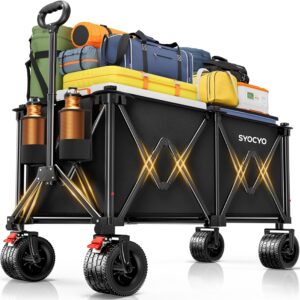 Beach Wagon Carts Foldable 570LBS Collapsible Wagon with Big All-Terrain Wheels for Sand 330L Heavy Duty Utility Carts with Cup Holders for Garden, Camping, Grocery, Black