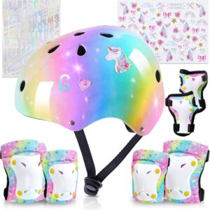 Kids Helmet, Toddler Bike Helmet with DIY Stickers Unicorn Knee Pads and Elbow Pads Set Adjustable Protective Gear Set for Girls Age 3-5-8 Years fit Roller Skates, Bicycle, Skateboarding, Scooter