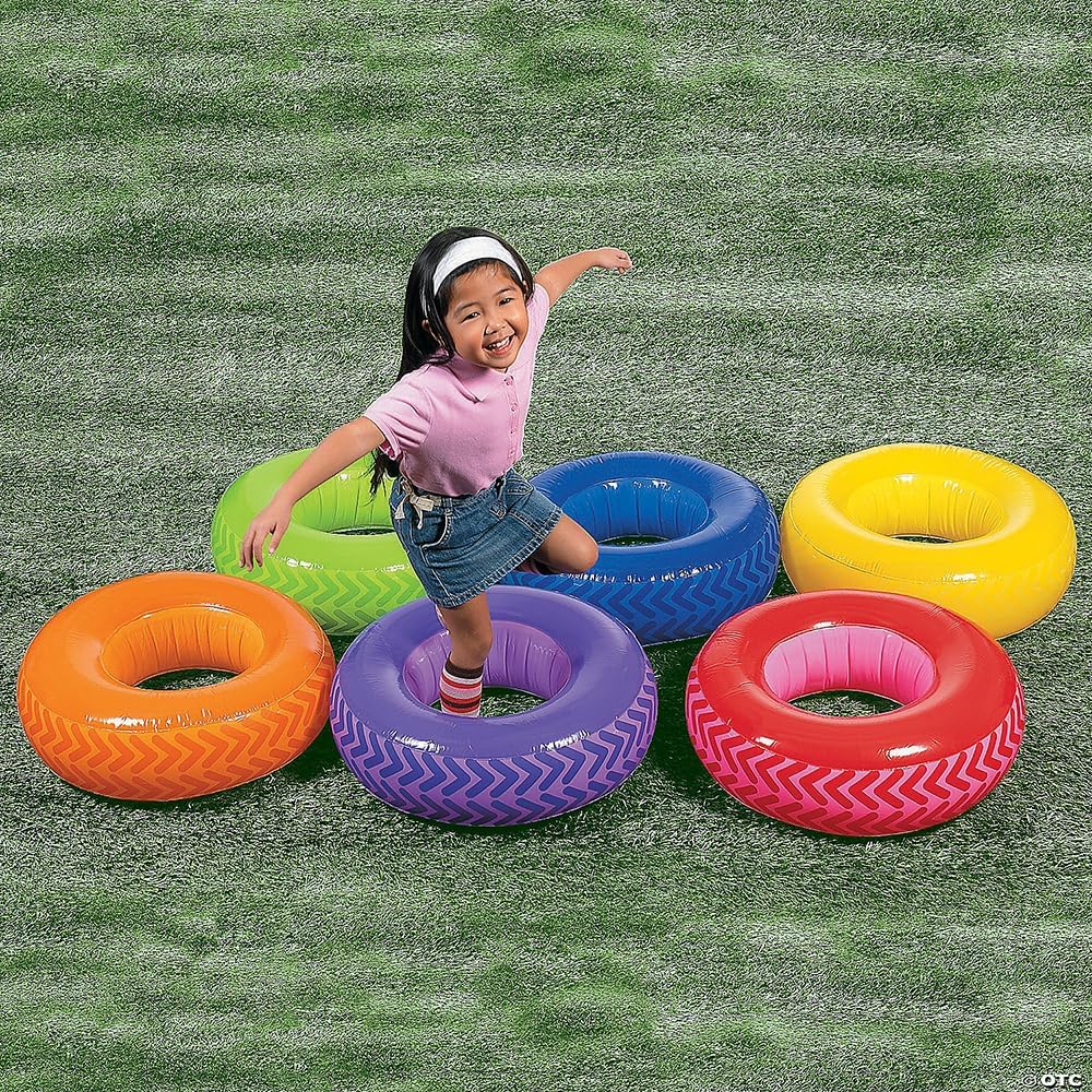Fun Express Inflatable Obstacle Course Tires for Kids PE Equipment - 6 Colorful Vinyl Tires Set for Indoor Outdoor Games | Perfect for Ages 3-12 Backyard Field Day Activities - Image 2