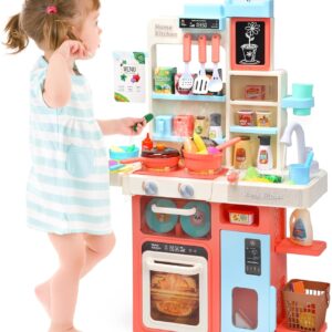 HOLYFUN Kids Kitchen Playset, Kitchen Set for Toddler with Sound and Light, Cooking Stove with Steam, Play Sink and Toy Kitchen Accessories, Pretend Kitchen Toys for Kids Girls Boys, Pink
