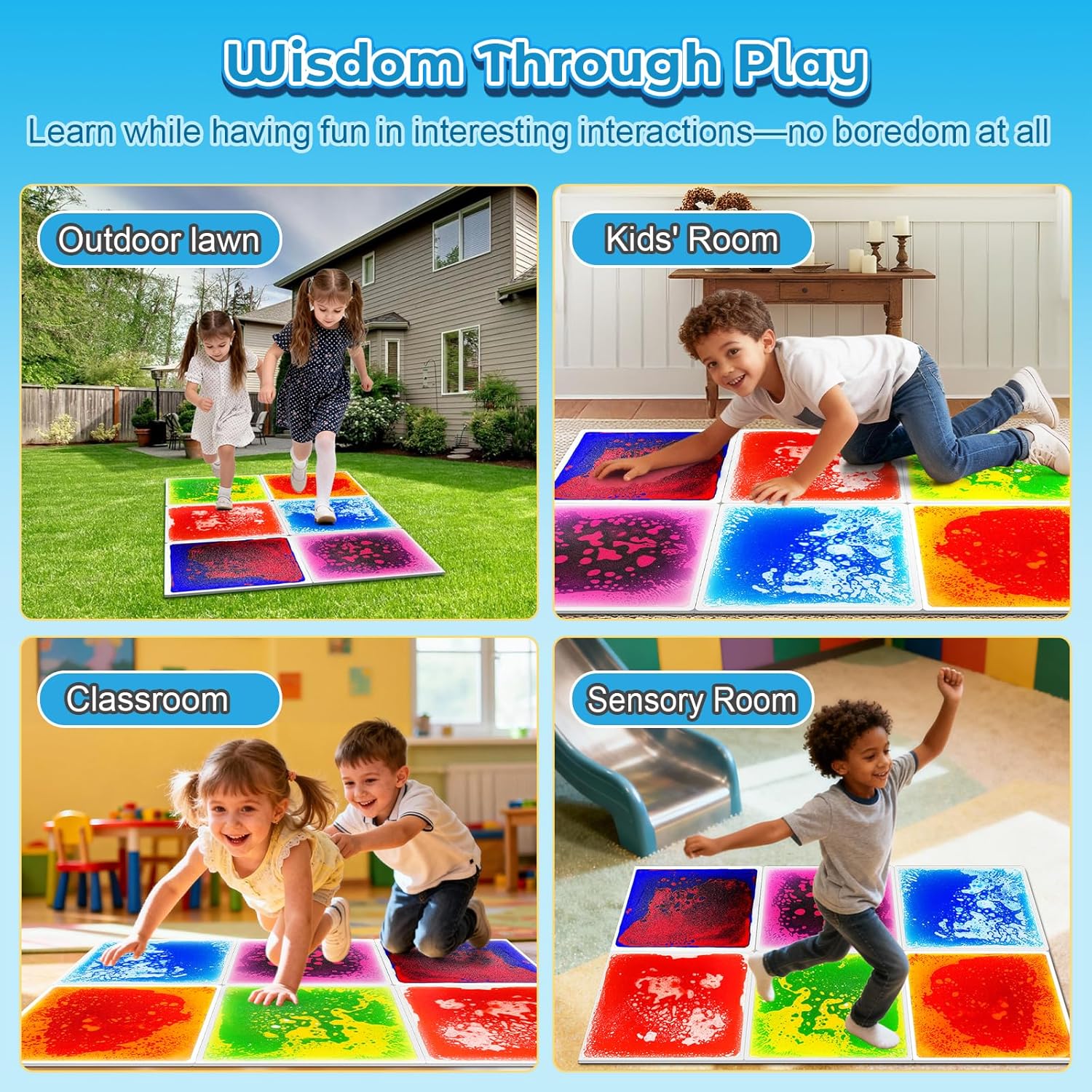 Toddler Sensory Liquid Floor Mats - 6-Piece Liquid Play Mat Pack, 12" x 12" Square Sensory Puzzle Mats for Autism, Lava Brick Dance Step Mats, Montessori Gross Motion Toys for Preschool Classrooms - Image 6