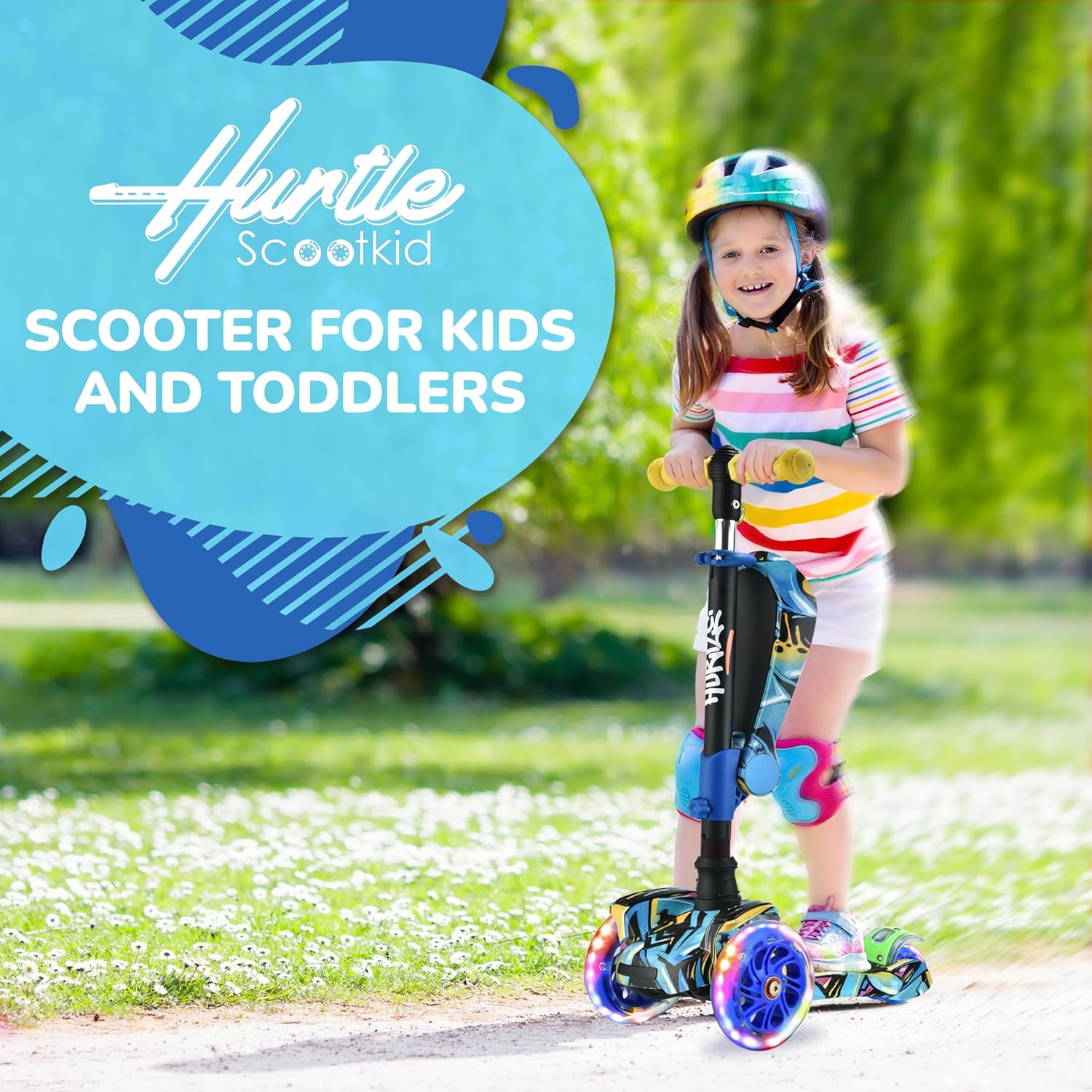 Hurtle 3-Wheeled Scooter for Kids - Wheel LED Lights, Adjustable Lean-to-Steer Handlebar, and Foldable Seat - Sit or Stand Ride with Brake for Boys and Girls Ages 1-14 Years Old - Image 2