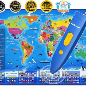 Qiaojoy Bilingual Interactive World Map for Kids Learning and Educational Toys, Talking Electronic Kids World Map i-Poster Geography Games Ages 3 to 12 Years Old, Custom Talking Birthday Gifts Card