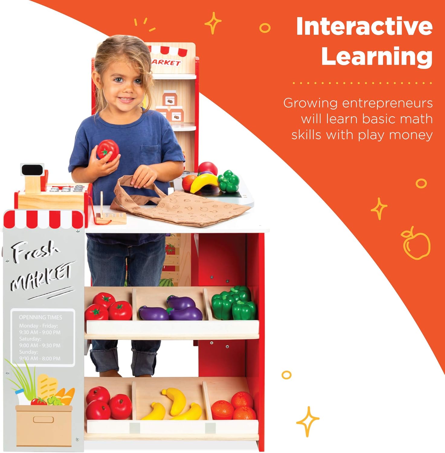 Best Choice Products Pretend Play Grocery Store Wooden Supermarket Toy Set for Kids w/Play Food, Chalkboard, Cash Register, Working Conveyor - Red - Image 3