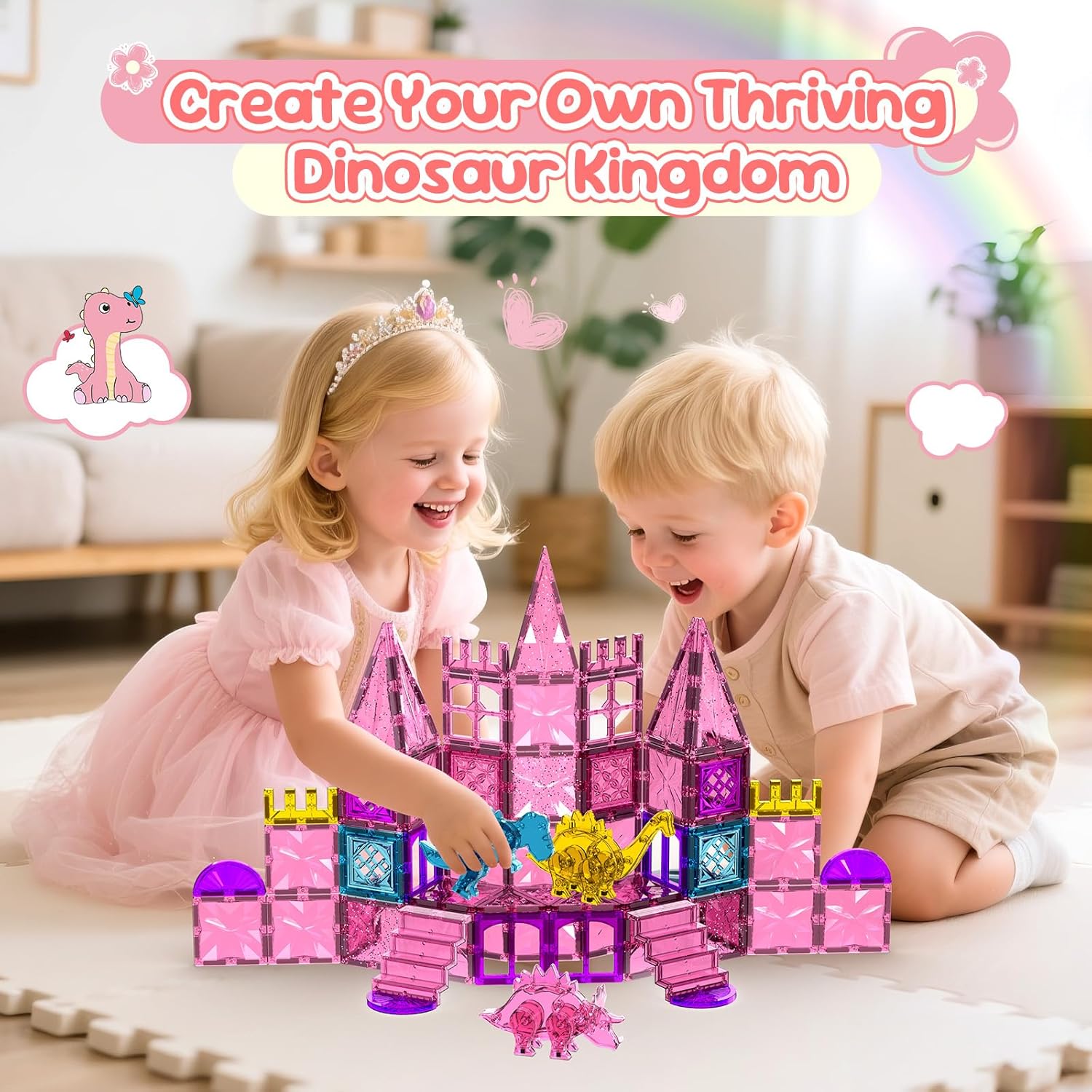 60PCS Dinosaur Toys Magnetic Tiles for Girls, Magnetic Building Blocks Sensory Dino Toy for Girl Ages 3-5 4-8 Year Old, Girl Toys Dinosaur Decorations Birthday Gifts for 3+ Years Old Kids Boys - Image 3