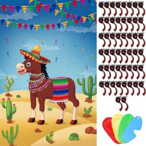 Hxezoc Pin The Tail On The Donkey Party Game with 50 Pcs Tails Large Mexican Donkey Games Poster for Kids Birthday Party Carnival Fiesta Party Supplies