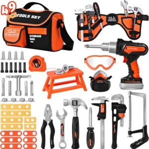 Kids Tool Set 49 PCS, Portable Tool Bag with Battery Powered Toy Drill & Adjustable Belt, Pretend Play Toddler Tool Set, Construction Toys for Boys & Girls Age 3-8, STEM Gifts