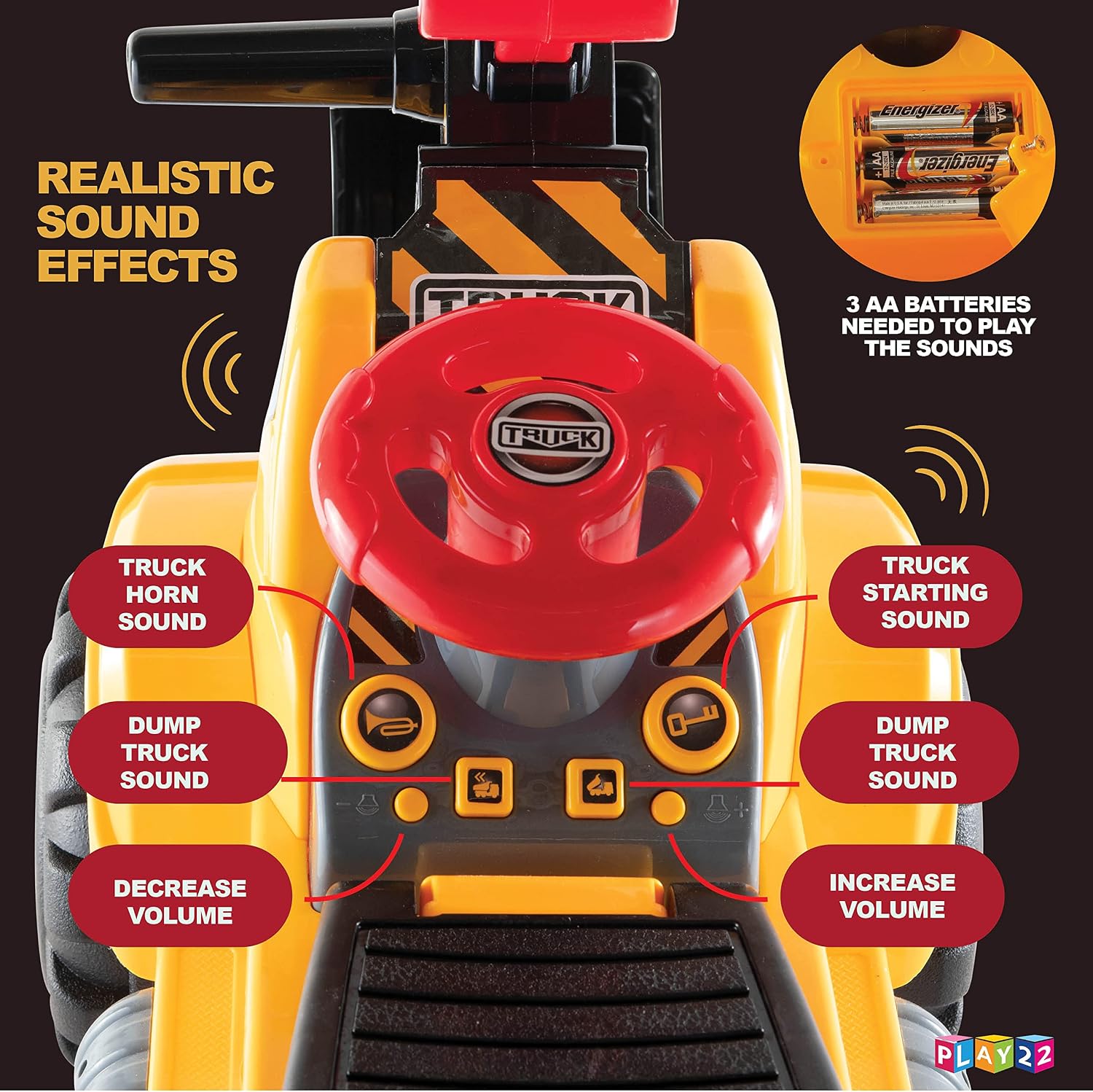 Play22 Toy Tractors for Kids Ride On Excavator - Music Sounds Digger Scooter Bulldozer Includes Helmet with Rocks - Pretend Play - Toddler Construction Truck - Image 4