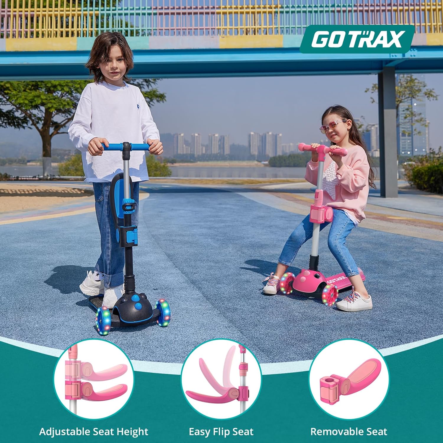 Gotrax KS3 Pro Folding Kick Scooter for Kids, One Key Removable Seat & 3 Extra Wide PU Light-Up Wheels and Anti-Slip Deck, Adjustable Height Handlebar and Lean-to-Steer Scooter for Children Aged 2-8 - Image 4