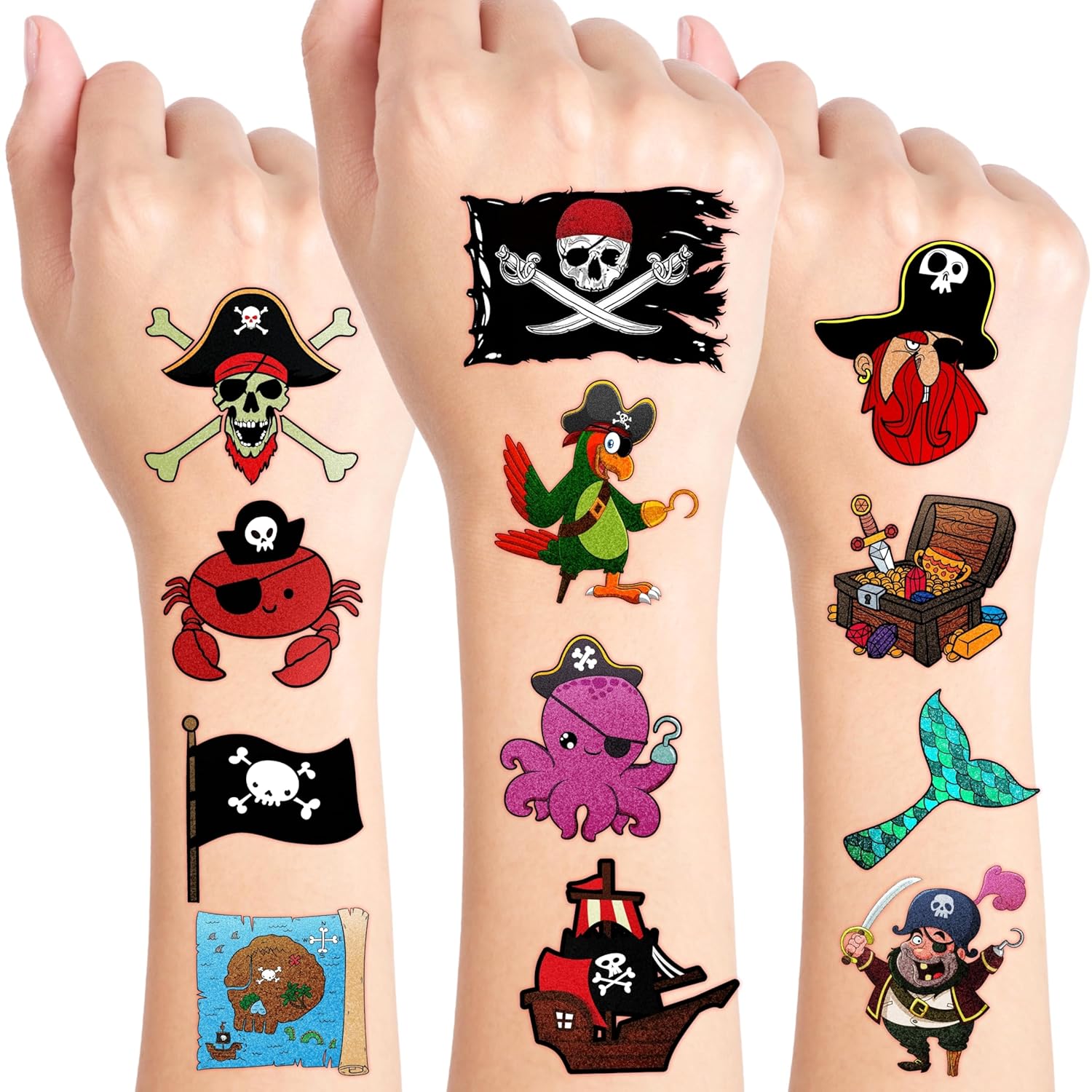 96PCS Pirate Pre-Cut Temporary Tattoos - Cute Pirate Ship, Mermaid, and Treasure Designs - Party Favors, Birthday Supplies, Classroom Rewards & Halloween Gifts
