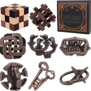 8 Pcs Brain Teaser Puzzles for Adults Teens – Wooden Puzzles 3D Puzzle Game Toys for Adults Teens – Metal Unlock Interlocking Puzzle Adult IQ Education Smart Toys